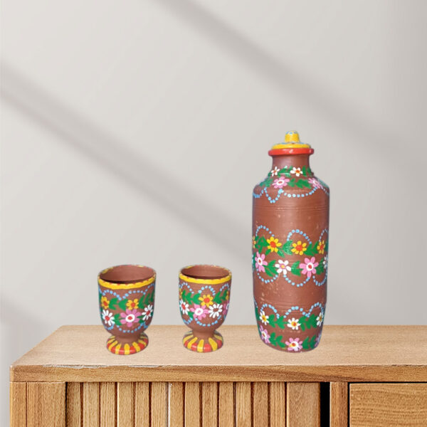 Artisan Clay Water Bottle Set | Terracotta Bottle with Floral Chiteri Painting & 2 Glasses