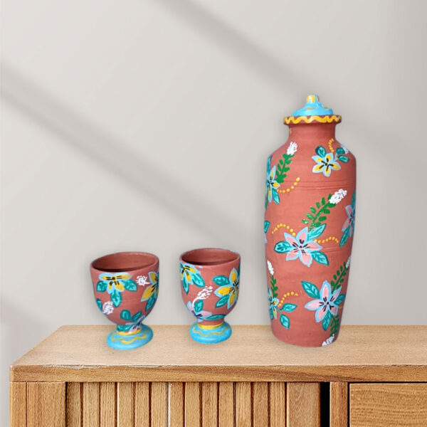 Traditional Art Clay Water Bottle Set | Handmade Terracotta Bottle with 2 Glasses & Bundeli Chiteri Art