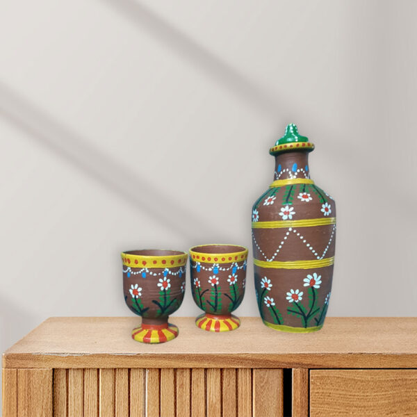 Handmade Terracotta Water Bottle Set | Bundeli Chiteri Art on Clay Bottle with 2 Glasses