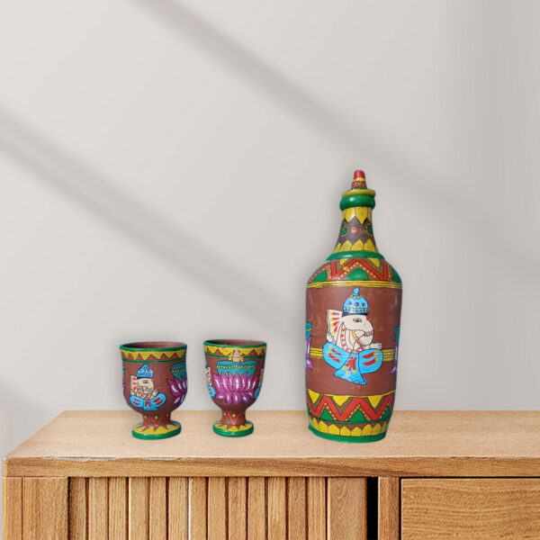 Eco-Friendly Water Bottle Set | Hand-Painted Bundeli Art on Terracotta Bottle with 2 Glasses