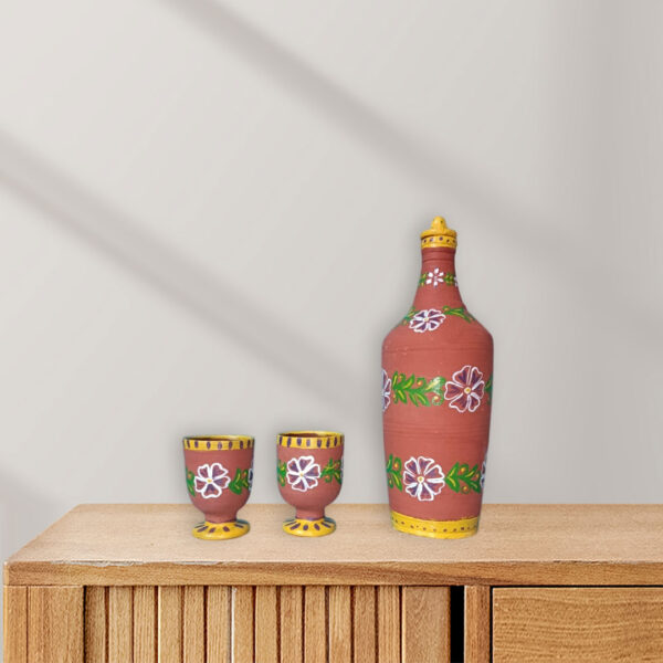 Handcrafted Clay Water Bottle Set | Chiteri Folk Art Decorated Terracotta Bottle & Tumblers