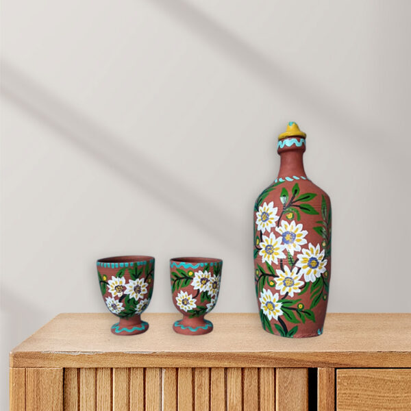 Terracotta Drinking Set | Handmade Bundeli Painted Water Bottle with Matching Clay Glasses