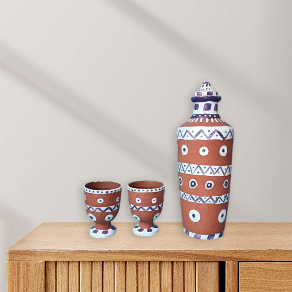Rustic Clay Water Bottle Set | Terracotta Bottle & Glasses with Handcrafted Chiteri Designs
