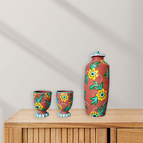 Bundeli Art Water Bottle Set | Handmade Terracotta Bottle with Traditional Clay Glasses