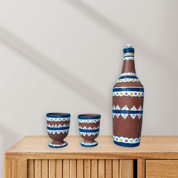 Ethnic Terracotta Bottle Set | Hand-Painted Clay Water Bottle & 2 Glass Set with Chiteri Art