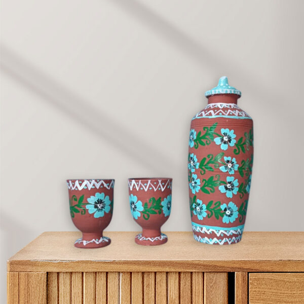 Folk Art Terracotta Bottle Set | Bundeli Chiteri Style Clay Bottle with Matching Glasses