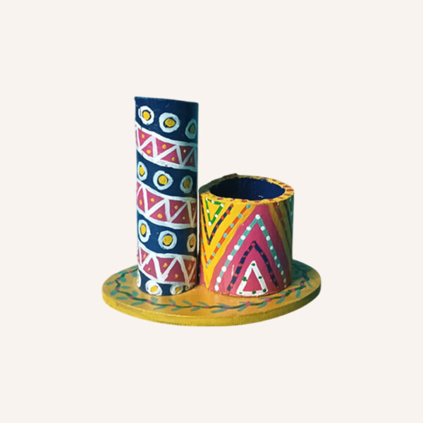 Rustic Wooden Pen Stand with Cultural Patterns