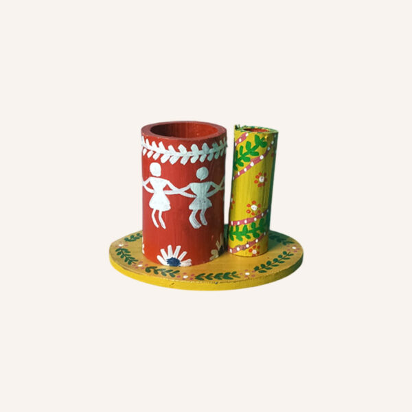 Hand-Painted Wooden Pen Stand with Warli Art
