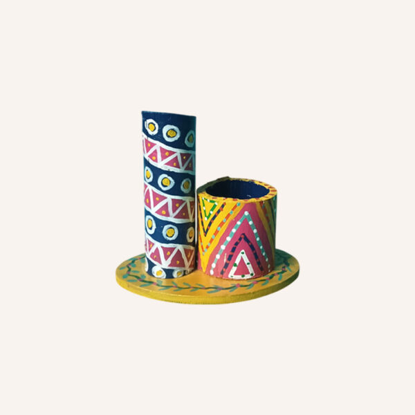 Handcrafted Wooden Pen Stand with Vibrant Folk Design