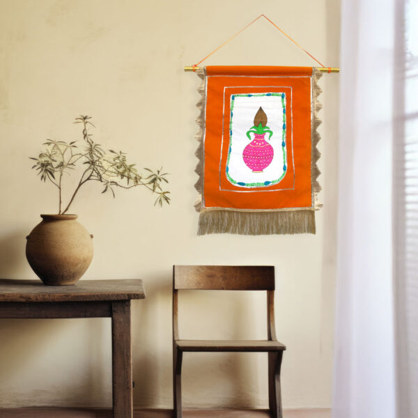 Kalash with Coconut Wall Art – Bundeli Chiteri Painting on Velvet Fabric